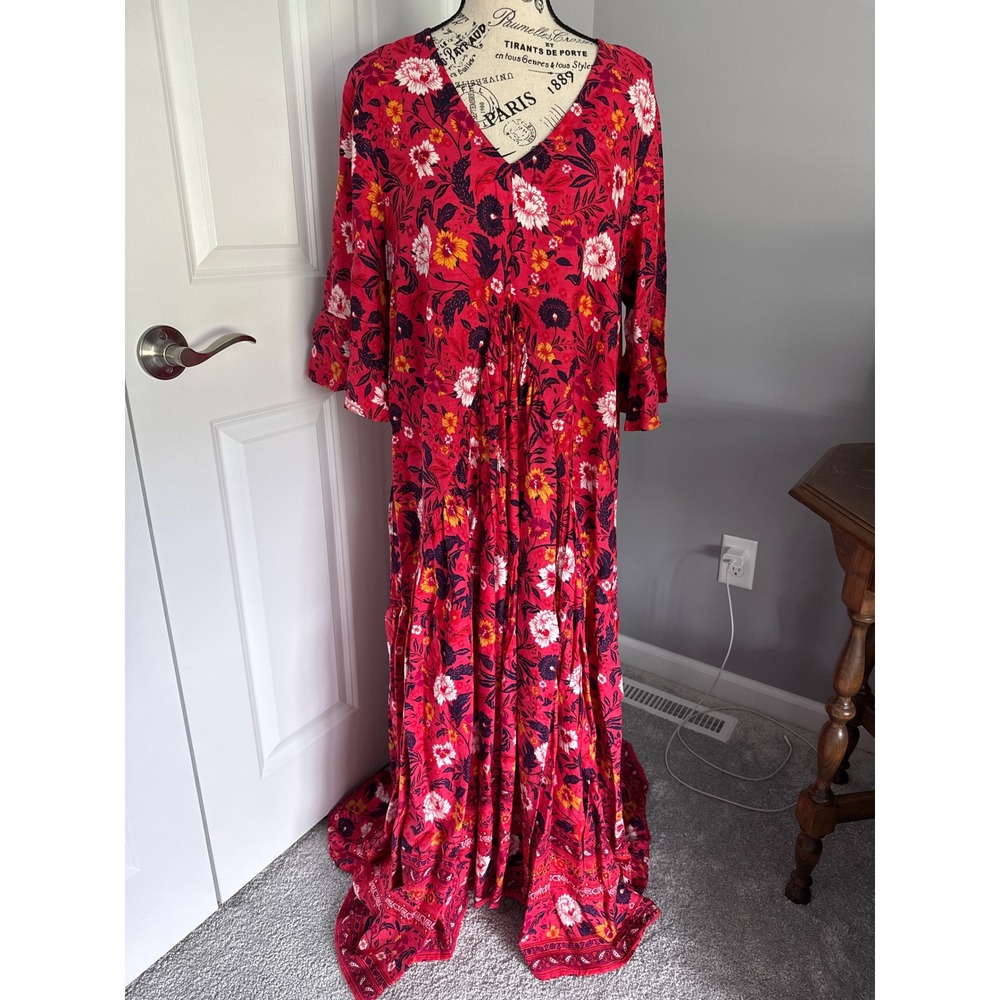 Loralette Valerie Border Maxi Dress Magenta Moment Floral 3/4 Bell Sleeve  14